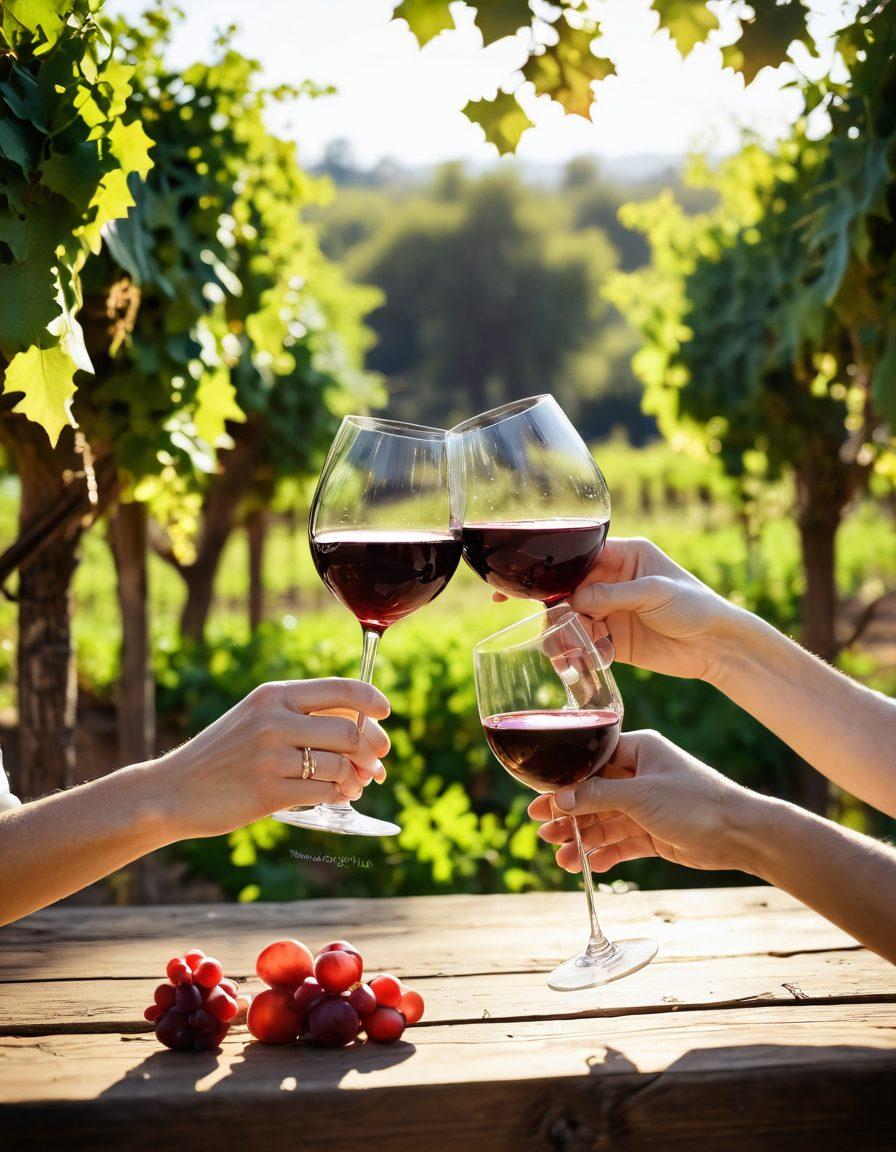 A beautifully set rustic wooden table adorned with an array of vintage wine glasses filled with rich reds and whites, surrounded by lush grapevines in a sunlit vineyard. In the background, a couple toasting with laughter, capturing the essence of joy in wine tasting. Warm sunlight filtering through the leaves adds a golden glow to the scene. soft focus. warm tones. vintage style.