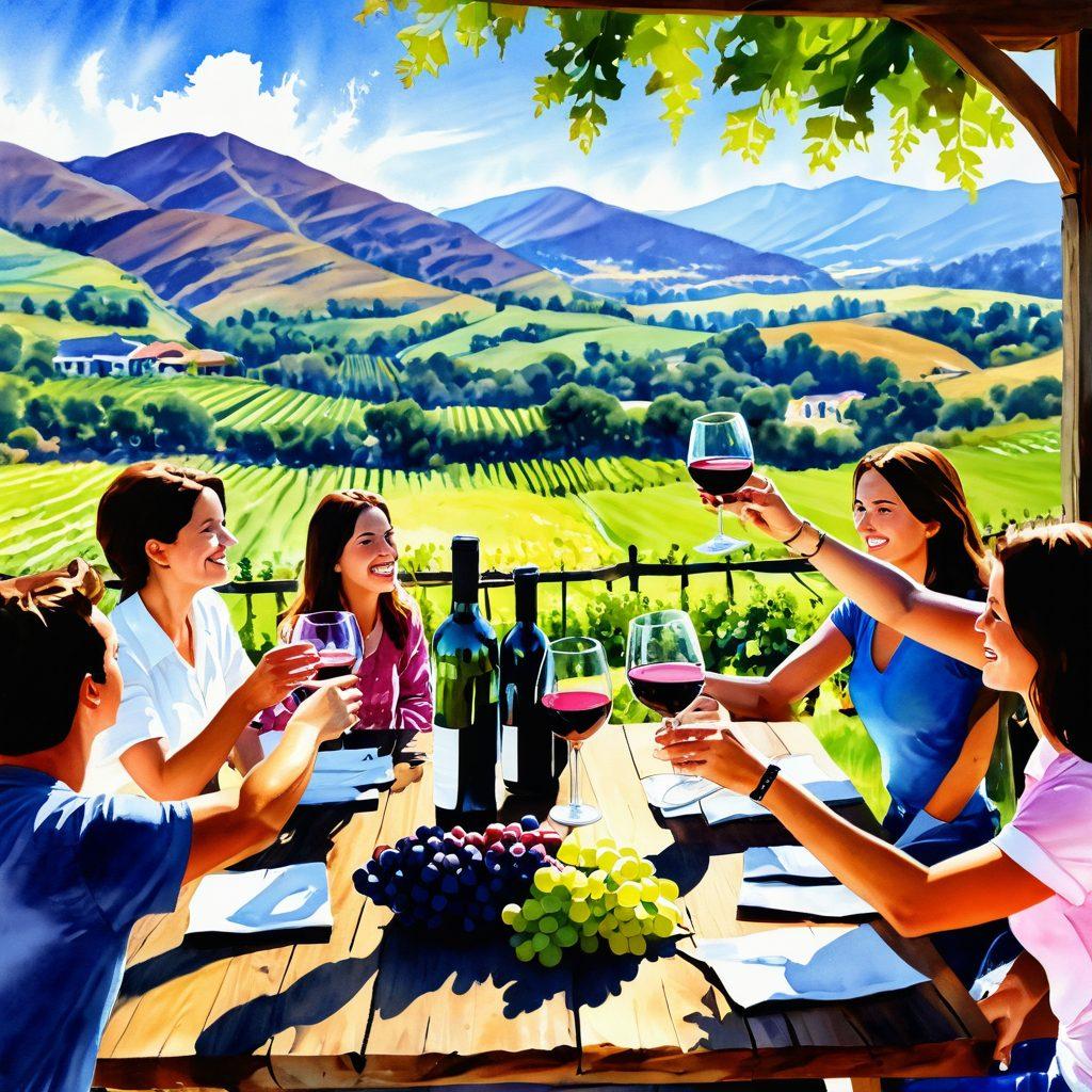 A vibrant outdoor wine tasting scene with people clinking glasses, surrounded by lush vineyards and scenic hills. Include a photographer capturing candid moments, with grapes and wine bottles artistically arranged on a rustic wooden table. Bright sunlight and a clear blue sky enhance the joyful atmosphere. watercolor painting. vibrant colors.