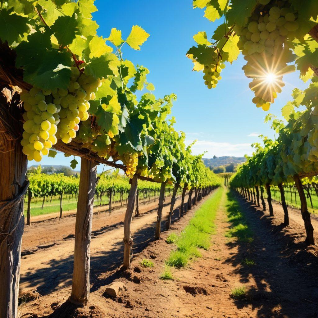 A whimsical vineyard landscape, showcasing lush grapevines under a bright blue sky, while a vintage camera captures the scene. In the foreground, a cheerful photographer is seen framing the perfect shot with a glass of wine beside them, beautifully reflecting the sunlight. The vibrant colors of the grapes and greenery create a lively atmosphere, inviting viewers into the world of wine and photography. painting. vibrant colors. soft focus.